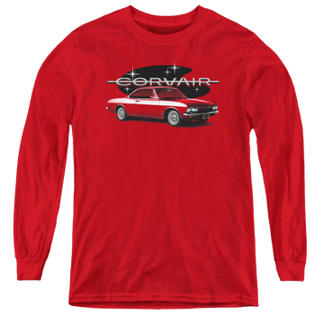 Red youth long sleeve t-shirt with Chevrolet 65 Corvair Mona Spyda Coupe graphic