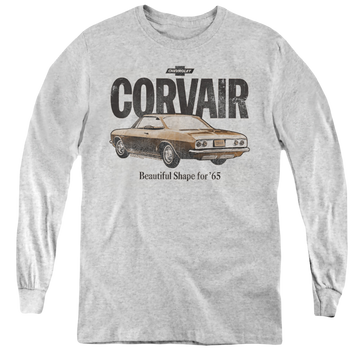Athletic heather youth long sleeve t-shirt with Chevrolet Retro Corvair graphic
