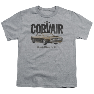 Athletic heather youth t-shirt for ages 8 to 12 with Chevrolet Retro Corvair graphic