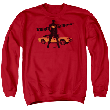 Red men's crewneck sweatshirt with Chevrolet Tough To Tame graphic