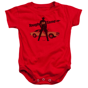 Red baby bodysuit with Chevrolet Tough To Tame graphic