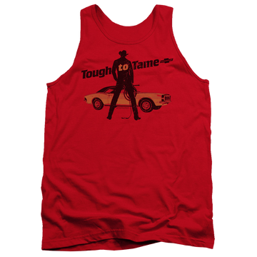 Red men's tank with Chevrolet Tough To Tame graphic