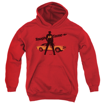 Red youth hoodie for ages 8 to 12 with Chevrolet Tough To Tame graphic