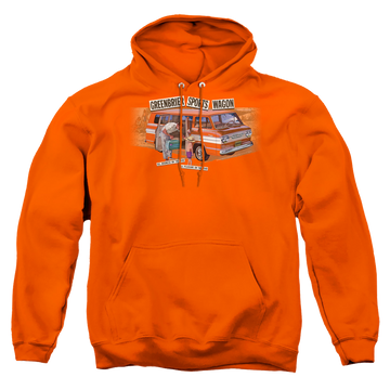 Orange pullover hoodie with Chevrolet Greenbrier Corvair Sport Wagon graphic