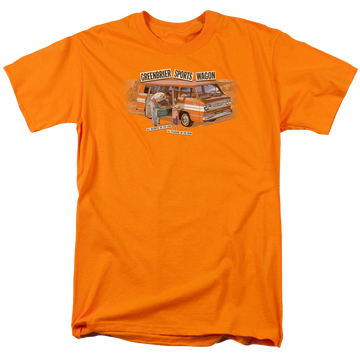 Orange men's regular fit t-shirt with Chevrolet Greenbrier Corvair Sport Wagon graphic