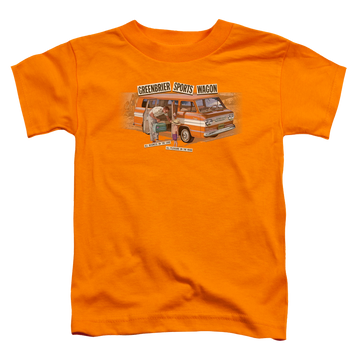 Orange kid's t-shirt for ages 4 to 7 with Chevrolet Greenbrier Corvair Sport Wagon graphic