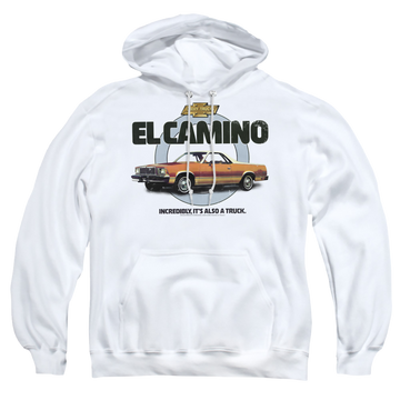 White pullover hoodie with Chevrolet Also A Truck graphic