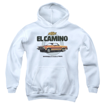 White youth hoodie for ages 8 to 12 with Chevrolet Also A Truck graphic