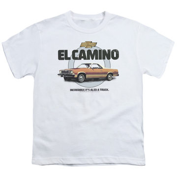White youth t-shirt for ages 8 to 12 with Chevrolet Also A Truck graphic