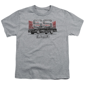 Athletic heather youth t-shirt for ages 8 to 12 with Chevrolet El Camino Ss Mountains graphic