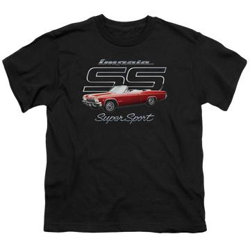 Black youth t-shirt for ages 8 to 12 with Chevrolet Impala Ss graphic