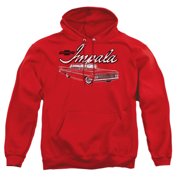 Red pullover hoodie with Chevrolet Classic Impala graphic
