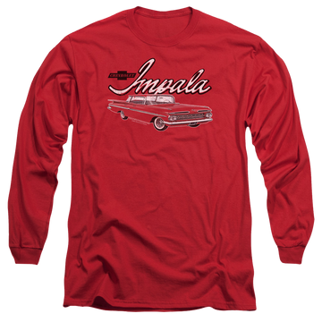Red men's long sleeve t-shirt with Chevrolet Classic Impala graphic