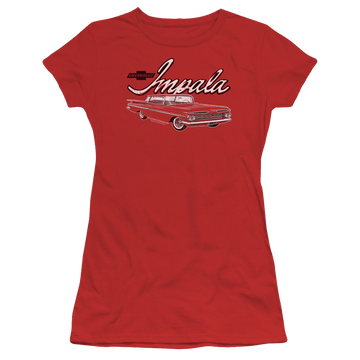 Red juniors t-shirt with Chevrolet Classic Impala graphic