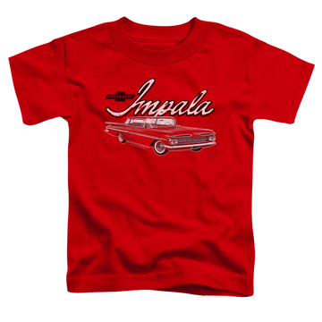 Red kid's t-shirt for ages 4 to 7 with Chevrolet Classic Impala graphic