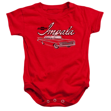 Red baby bodysuit with Chevrolet Classic Impala graphic