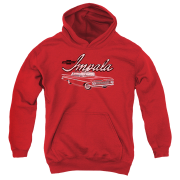 Red youth hoodie for ages 8 to 12 with Chevrolet Classic Impala graphic