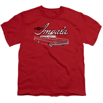 Red youth t-shirt for ages 8 to 12 with Chevrolet Classic Impala graphic