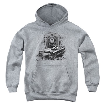 Athletic heather youth hoodie for ages 8 to 12 with Chevrolet Monte Carlo Drawing graphic