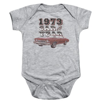 Athletic heather baby bodysuit with Chevrolet Car Of The Year graphic