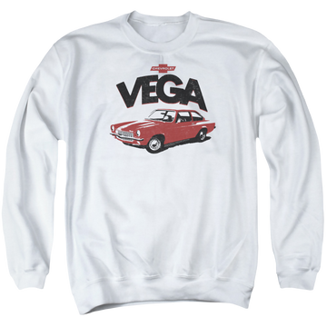 White men's crewneck sweatshirt with Chevrolet Rough Vega graphic