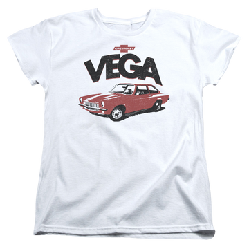 White women's t-shirt with Chevrolet Rough Vega graphic