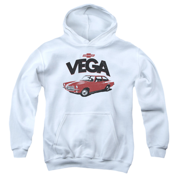 White youth hoodie for ages 8 to 12 with Chevrolet Rough Vega graphic