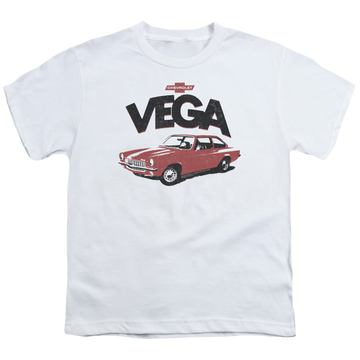 White youth t-shirt for ages 8 to 12 with Chevrolet Rough Vega graphic