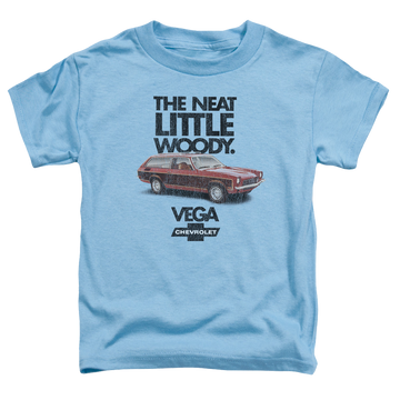 Carolina blue kid's t-shirt for ages 4 to 7 with Chevrolet Vega The Neat Little Woody graphic