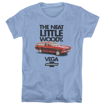 Carolina blue women's t-shirt with Chevrolet Vega The Neat Little Woody graphic
