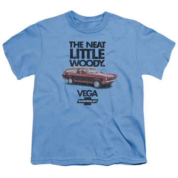 Carolina blue youth t-shirt for ages 8 to 12 with Chevrolet Vega The Neat Little Woody graphic