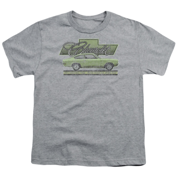 Athletic heather youth t-shirt for ages 8 to 12 with Chevrolet Vega Car Of The Year 71 graphic