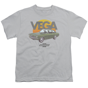 Silver youth t-shirt for ages 8 to 12 with Chevrolet Vega Sunshine graphic