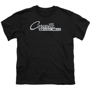 Black youth t-shirt for ages 8 to 12 with Chevrolet Chrome Stingray Logo graphic