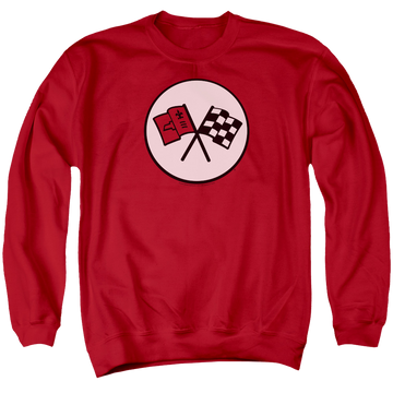 Red men's crewneck sweatshirt with Chevrolet 2nd Gen Vette Logo graphic