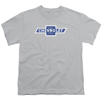 Silver youth t-shirt for ages 8 to 12 with Chevrolet Vintage White Border Bowtie graphic