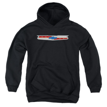 Black youth hoodie for ages 8 to 12 with Chevrolet 56 Bel Air Emblem graphic