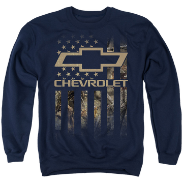 Navy men's crewneck sweatshirt with Chevrolet Camo Flag graphic