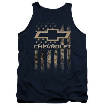 Navy men's tank with Chevrolet Camo Flag graphic