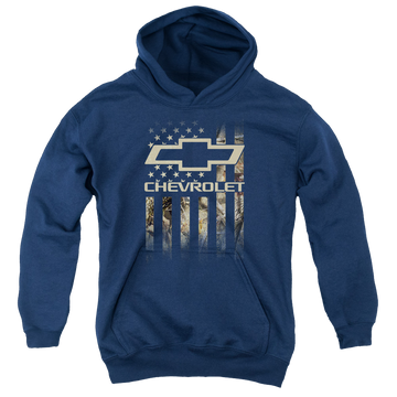 Navy youth hoodie for ages 8 to 12 with Chevrolet Camo Flag graphic