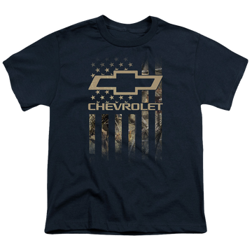 Navy youth t-shirt for ages 8 to 12 with Chevrolet Camo Flag graphic