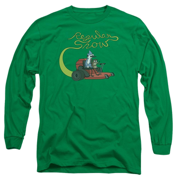 Kelly green men's long sleeve t-shirt with Regular Show Mower graphic