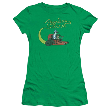 Kelly green juniors t-shirt with Regular Show Mower graphic
