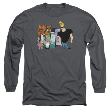 Charcoal men's long sleeve t-shirt with Johnny Bravo Johnny & Friends graphic