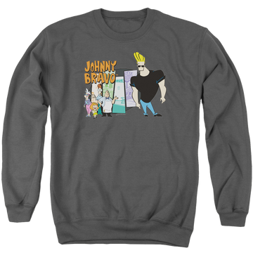 Charcoal men's crewneck sweatshirt with Johnny Bravo Johnny & Friends graphic