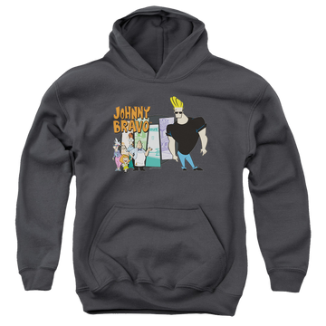 Charcoal youth hoodie for ages 8 to 12 with Johnny Bravo Johnny & Friends graphic