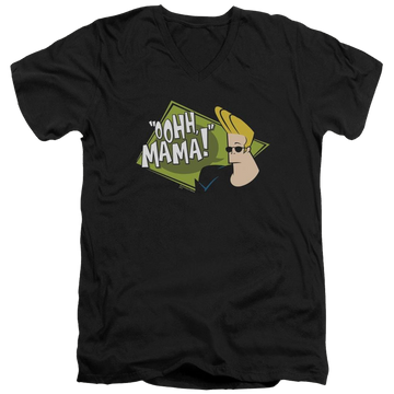 Black men's v-neck t-shirt with Johnny Bravo Oohh Mama graphic