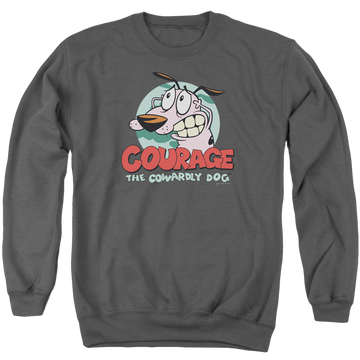 Charcoal men's crewneck sweatshirt with Courage the Cowardly Dog Courage graphic