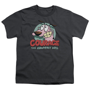 Charcoal youth t-shirt for ages 8 to 12 with Courage the Cowardly Dog Courage graphic