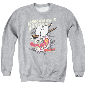 Athletic heather men's crewneck sweatshirt with Courage the Cowardly Dog Scaredy Dog graphic